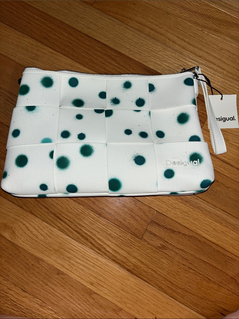 NWT Desigual White Clutch with Teal Green Polka Dot Weave